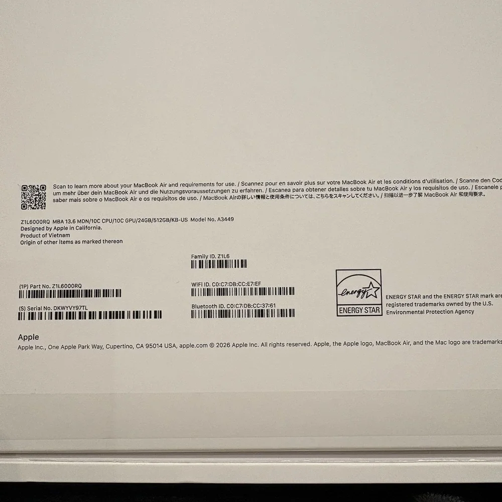 Empty Box For Apple MacBook Air 13 inch Model A3449 CPU/10C GPU/24GB/512GB/KB-US